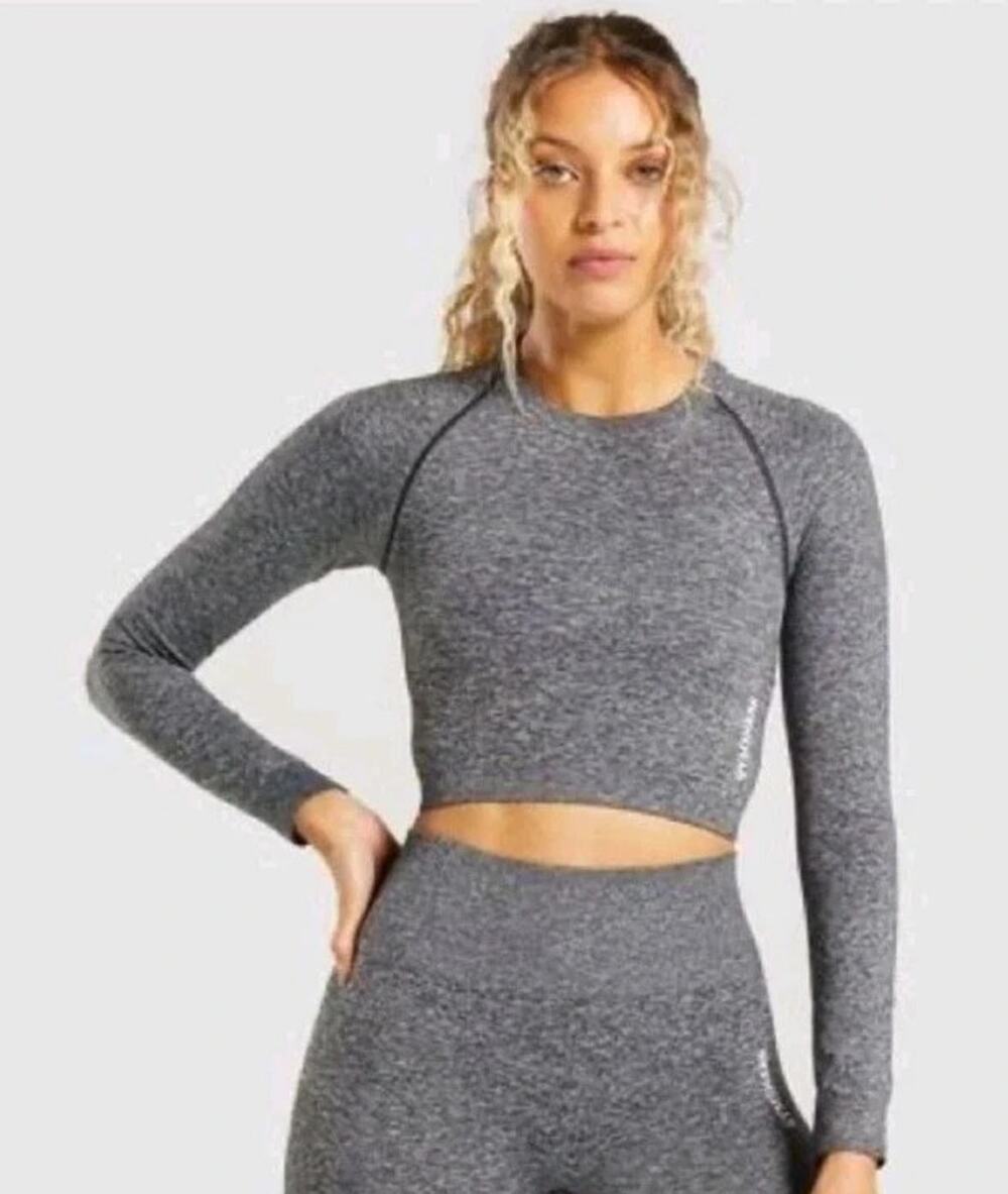Gymshark Adapt Marl Womens Crop Top Size L Gray Spellout GYM Yoga Sport Walk